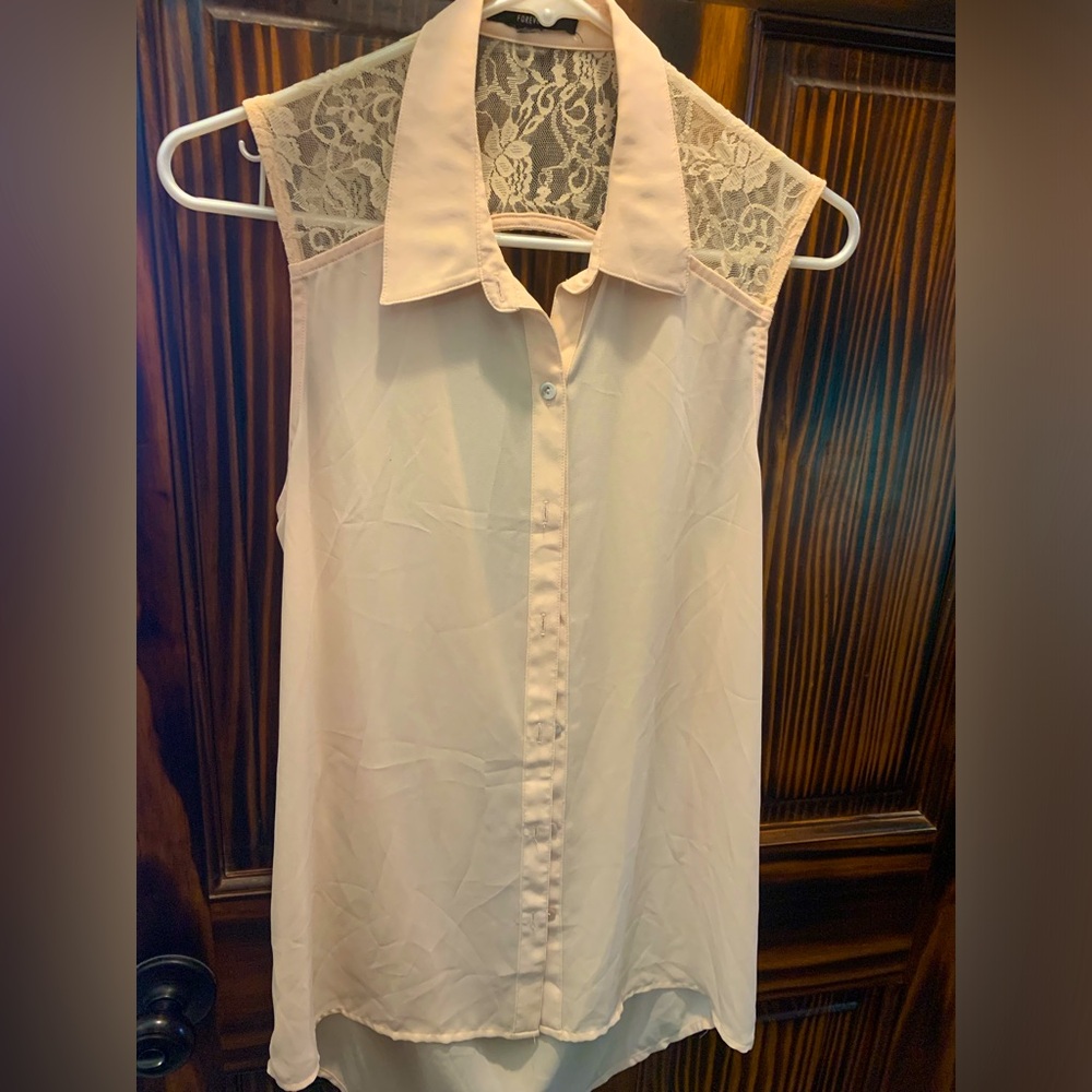 Forever 21 Lace Accent Sleeveless Blouse - Cream/blush pink